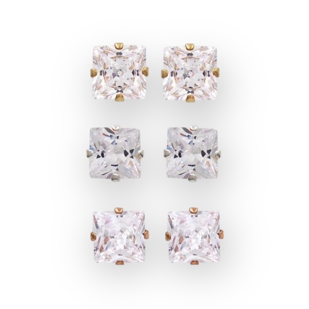 new ✦ White Sapphire Princess Cut Set of 3 Earrings ✦ Rose Gold 925 SS 18K GP ✦ - Picture 13 of 14